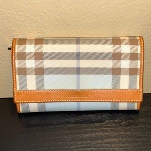 Burberry light blue nova check canvas leather trim compact wallet.